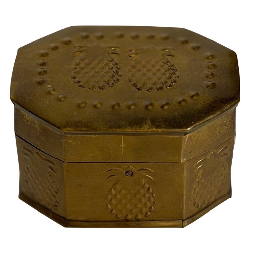 VTG Gold Brass Octagonal Trinket Box Embossed‎ Pineapple Design 2.5" Collectible